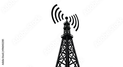 A black and white illustration of a cellular tower transmitting wireless signals