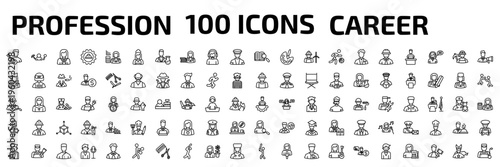professions outline icon set. 100 linear vector for ui, web and mobile. thin line musician, archeologist, lawyer and more icons.