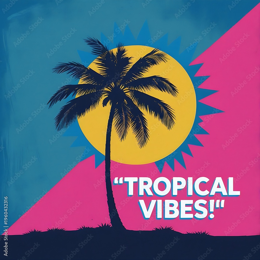 Obraz premium a lone palm tree silhouetted against a giant geometric sun. Contrasting textures in pink, blue, and yellow. Typography: 