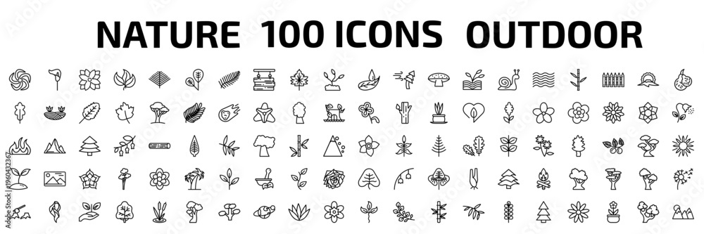 Fototapeta premium nature outline icon set. 100 linear vector for ui, web and mobile. thin line whirlpool, lily, zinnia and more icons.