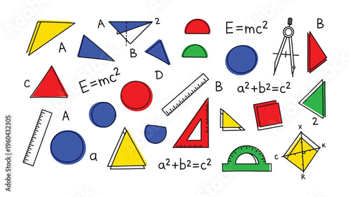 Geometric Brilliance: A vivid collection of geometric shapes and mathematical concepts come together in an engaging visual display, Ideal for educational content and design projects.