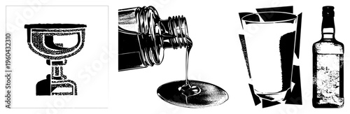 Black and white halftone graphic showing liquid pouring from bottle to glass, stylized drinkware, vintage print aesthetic, beverage art, isolated vector elements.