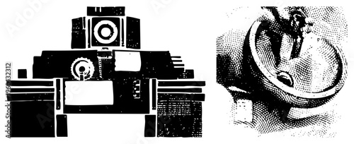 Retro camera with film reel, shutter mechanism, and dotted texture, classic equipment, analog film device, gear driven mechanism.