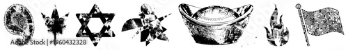Abstract cultural symbols rendered in black and white, including paisley, star of David, gold ingot, flame, flag, and geometric motifs, vector cutouts with high contrast textures.