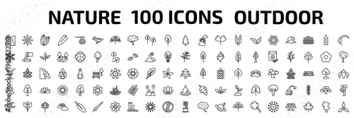nature outline icon set. 100 linear vector for ui, web and mobile. thin line cliff, petals, almond and more icons.