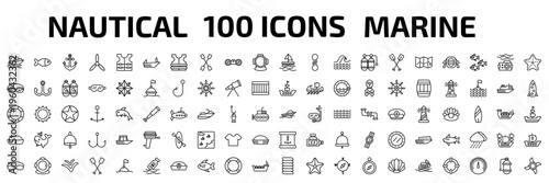 nautical outline icon set. 100 linear vector for ui, web and mobile. thin line cruise ship, fish facing right, big anchor and more icons.