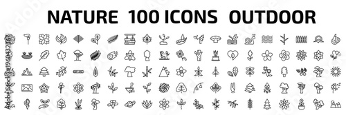 nature outline icon set. 100 linear vector for ui, web and mobile. thin line whirlpool, lily, zinnia and more icons.