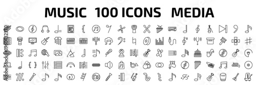 music and media outline icon set. 100 linear vector for ui, web and mobile. thin line melodica, whole, clef and more icons.