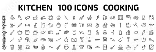 kitchen outline icon set. 100 linear vector for ui, web and mobile. thin line knife sharpener, extractor hood, bottle opener and more icons.
