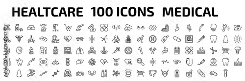 medical outline icon set. 100 linear vector for ui, web and mobile. thin line illness on bed, pills jar, nurse cross and more icons.