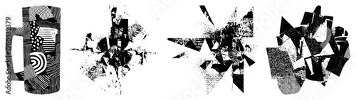 Fragmented polygonal forms with halftone and striped textures, graphic design elements, vector art, composition, modern abstract.