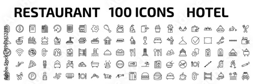 hotel and restaurant outline icon set. 100 linear vector for ui, web and mobile. thin line luggage, go down, agenda and more icons.