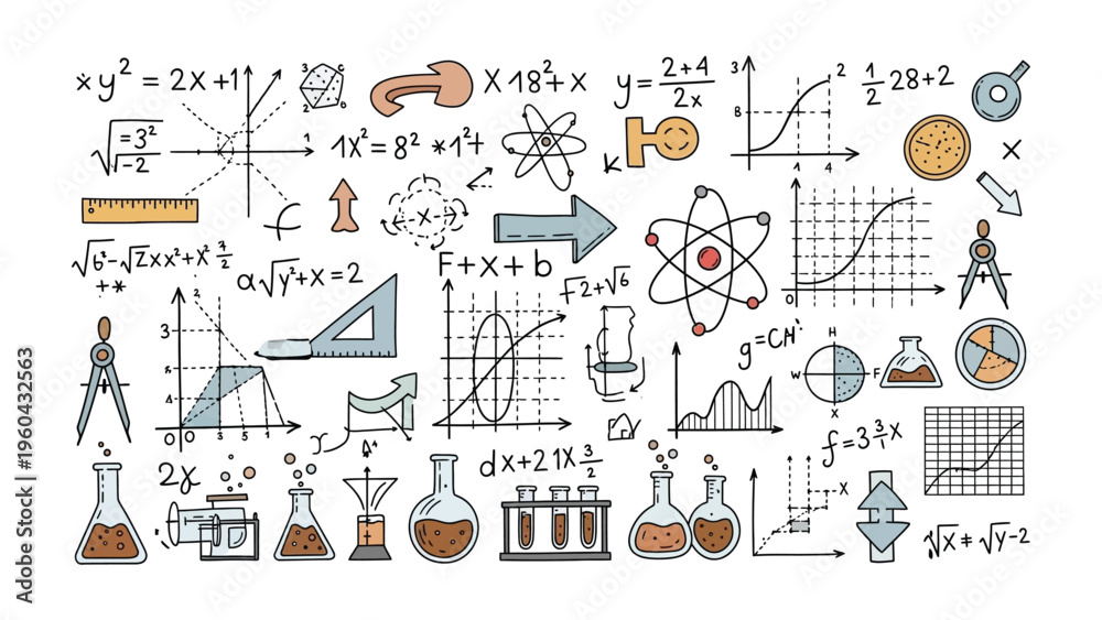 Naklejka premium Science and Math Doodle: A colorful illustration showcasing an array of scientific and mathematical concepts, formulas, and symbols, perfect for educational content and design projects.