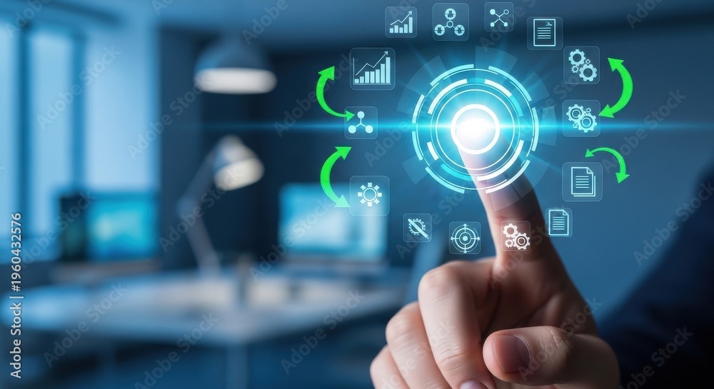 Fototapeta premium Businessman pressing digital circular interface with workflow, settings, and synchronization icons, symbolizing process automation, optimization, and smart business operations