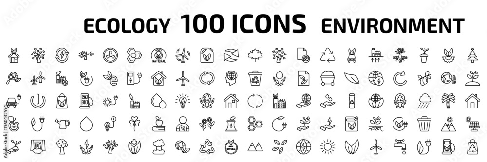 Fototapeta premium ecology outline icon set. 100 linear vector for ui, web and mobile. thin line ecological house, tree with hearts, renewable energy and more icons.