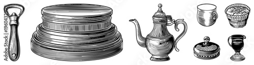 Antique metal kitchen tools and drinkware set, including bottle opener, ornate teapot, ceramic cups, and lidded container, rendered in classic engraving style.