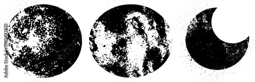 Grunge style moon phases with speckled texture, lunar cycle, celestial graphics, astronomy symbols, night sky elements.