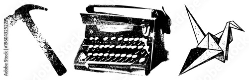Retro hammer, classic typewriter, paper crane, halftone graphic, vector, creative tools, craft and writing symbols.