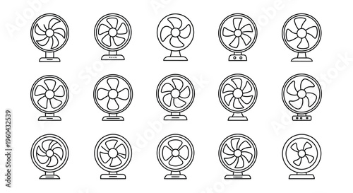 Line art illustration of multiple oscillating fans in a grid pattern