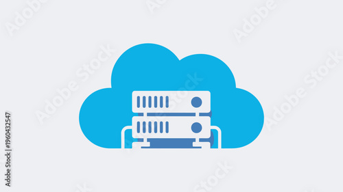 A graphic illustration of a cloud computing server with a blue cloud in the background