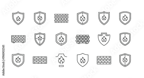 Line art icons depicting shields walls and flames for security concepts
