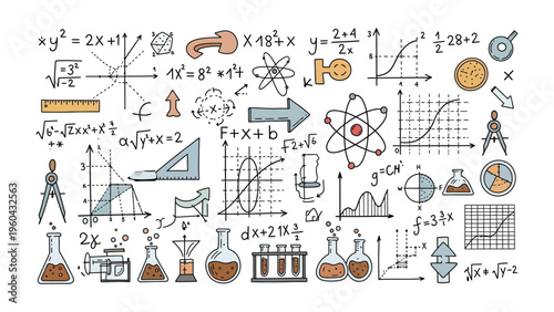Science and Math Doodle: A colorful illustration showcasing an array of scientific and mathematical concepts, formulas, and symbols, perfect for educational content and design projects.