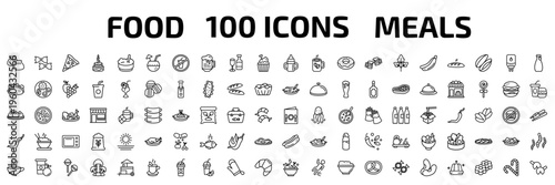 food outline icon set. 100 linear vector for ui, web and mobile. thin line dumpling, pasta, triangular pizza slice and more icons.