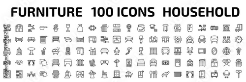 furniture & household outline icon set. 100 linear vector for ui, web and mobile. thin line living room, double door, wall shelves and more icons.