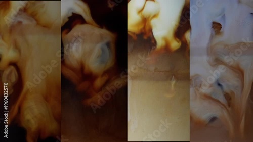 4K Collage of abstract liquid motion with milk and coffee mixing into organic swirling textures Warm tones and dynamic flow create artistic background, ideal for beverage design.