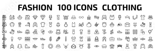 fashion outline icon set. 100 linear vector for ui, web and mobile. thin line women coat, hair dye, firefighter hat and more icons.