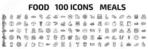 food and restaurant outline icon set. 100 linear vector for ui, web and mobile. thin line warm cup and plate, condiment, fried tofu curd balls more icons.