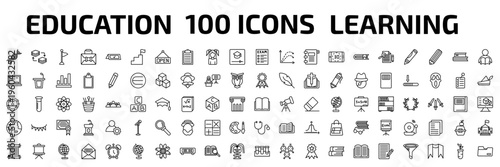 education outline icon set. 100 linear vector for ui, web and mobile. thin line dna, arrange, flag point and more icons.