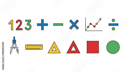 Math Symbols and Elements: A colorful array of basic mathematical symbols and geometric shapes, essential for calculations and representing abstract concepts.