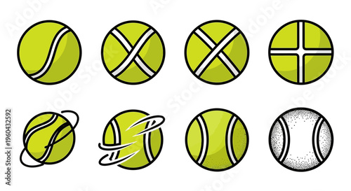 Tennis Ball Icons Set: Different Styles and Actions