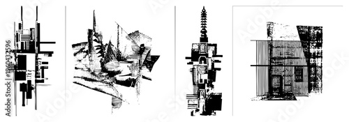Stylized architectural fragments rendered in halftone and art, abstract building silhouettes, modernist structures, graphic design elements, vector composition.