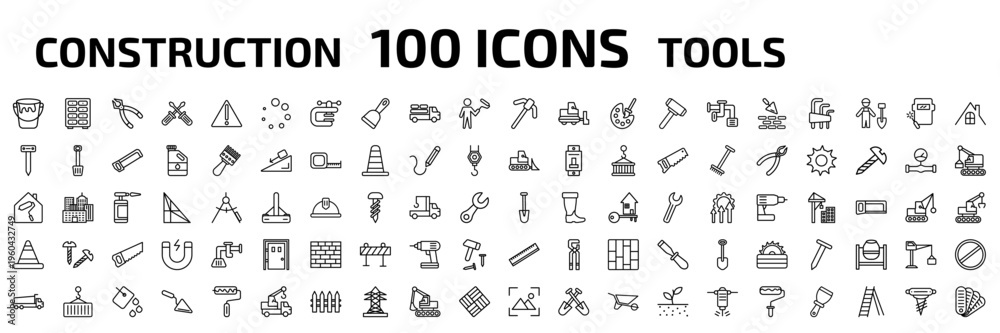 Fototapeta premium construction tools outline icon set. 100 linear vector for ui, web and mobile. thin line open paint bucket, big clo, plier and more icons.