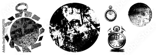 Retro timepieces with textured halftone, analog clocks, stopwatch designs, vintage watch faces, graphic elements.