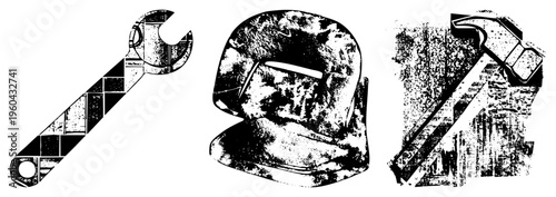 Retro styled tools including adjustable wrench, welding helmet, and claw hammer, rendered in halftone texture, ideal for repair, DIY, or industrial design projects.