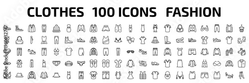 clothes outline icon set. 100 linear vector for ui, web and mobile. thin line leather derby shoe, gladiator sandal, cardigan and more icons.