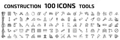 construction tools outline icon set. 100 linear vector for ui, web and mobile. thin line open paint bucket, big clo, plier and more icons.