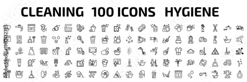 cleaning outline icon set. 100 linear vector for ui, web and mobile. thin line wiper, tap, baking soda and more icons.
