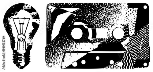Retro lightbulb and cassette tape, halftone graphic design, black and white vector art, nostalgic tech symbols, isolated digital assets.