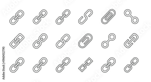 A collection of various black and white line art paperclip icons