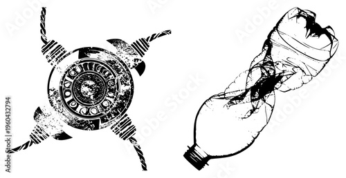 Abstract black and white vector art featuring a grungy circular emblem and a crushed plastic bottle, both rendered with textured and isolated against transparent background.
