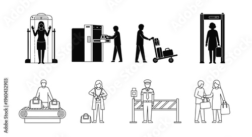 Airport security checks and travelers with luggage depicted in line art