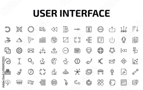 user interface outline icon set. 72 linear vector for ui, web and mobile. thin line back up, compress, eighties and more icons.