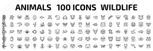 animals outline icon set. 100 linear vector for ui, web and mobile. thin line deadlock, turtle, panda and more icons.