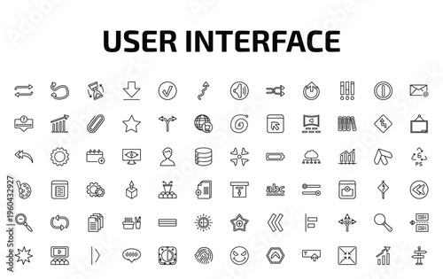 user interface outline icon set. 72 linear vector for ui, web and mobile. thin line refresh button, swirly scribbled arrow, waiting and more icons.