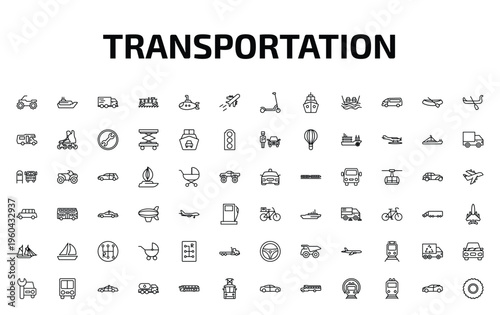 transportation outline icon set. 72 linear vector for ui, web and mobile. thin line quad bike, cruiser, free transport and more icons.