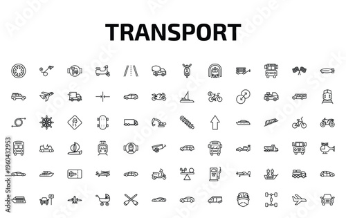 transport outline icon set. 72 linear vector for ui, web and mobile. thin line alloy wheel, airplane flying, workshop repair and more icons.